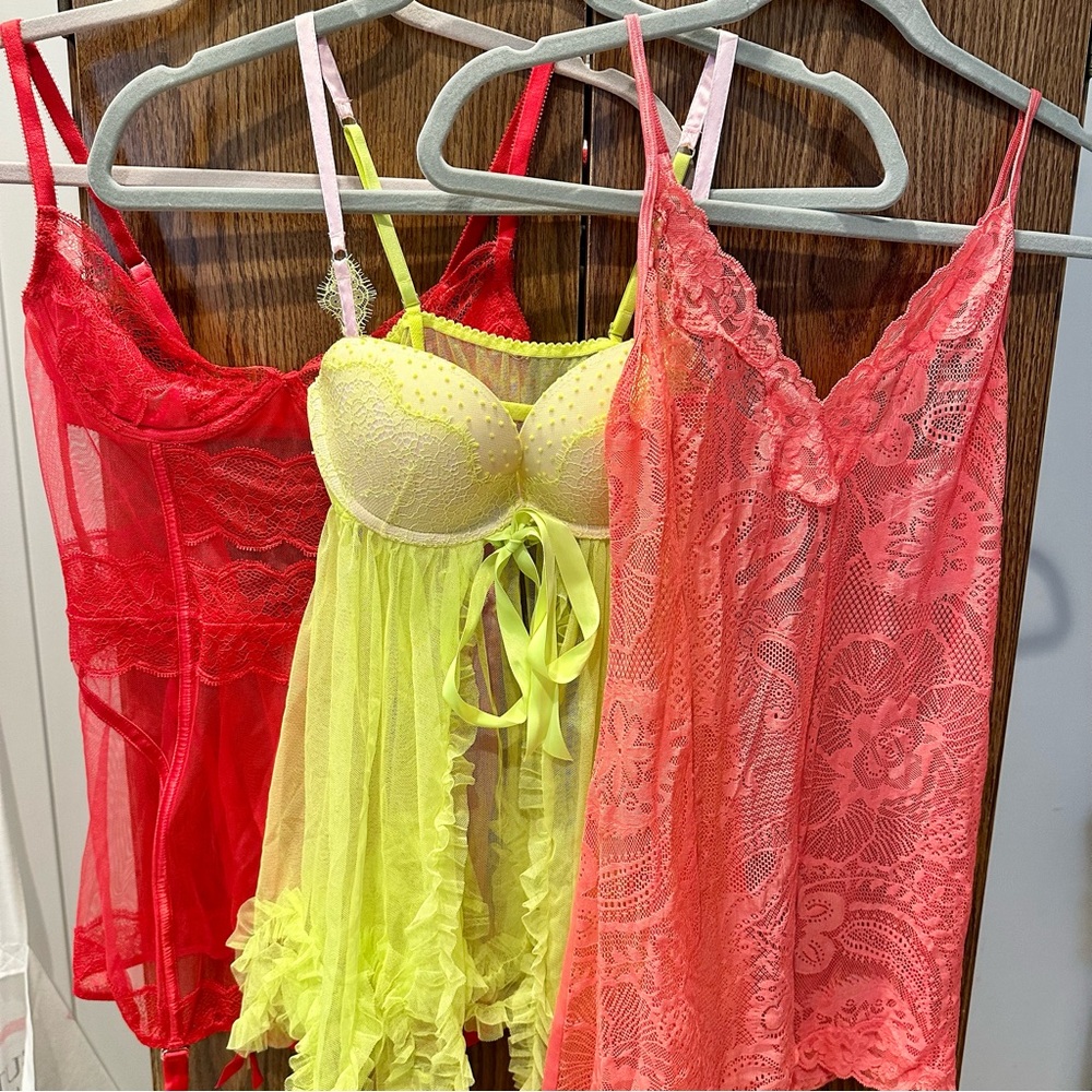 Victoria's Secret Red, Pink, Yellow Lingerie Set Bundle